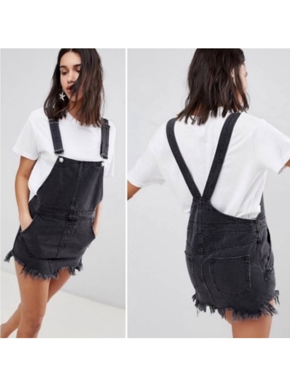 FREE PEOPLE Distressed Black Denim Overall Dress Size 2